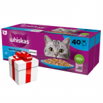 WHISKAS Adult kotikesed 40 x 85 g Fishy Treats &ndash; m&auml;rgtoit t&auml;iskasvanud kassidele kotikestes (l&otilde;he, tuunikala, tursik, valge kala) + &uuml;llatus teie kassile