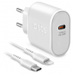 SBS, USB-C, Lightning, 20 W, valge - Vooluadapter kaabliga