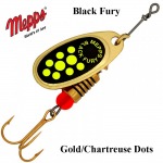 P&ouml;&ouml;rellant Mepps Black Fury Gold Chartreuse Dots 1.5 g