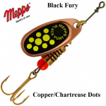 P&ouml;&ouml;rellant Mepps Black Fury Copper Chartreuse Dots 1.5 g