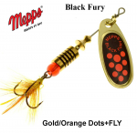P&ouml;&ouml;rellant Mepps Black Fury Gold Orange Dots + Fly 2 g