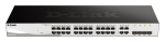 D-LINK DGS-1210-28, Gigabit Smart Switch with 24 10/100/1000Base-T ports and 4 Gigabit MiniGBIC (SFP) ports, 802.3x Flow Control, 802.3ad Link Aggregation, 802.1Q VLAN, 802.1p Priority Queues, Port mirroring, Jumbo Frame support, 802.1D STP, ACL, LLD ...