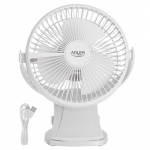 Adler Rechargeable Clip-on Desk Fan | AD 7342 | Table Fan | White | Diameter 15.5 cm | Number of speeds 3 | Oscillation | 5 W