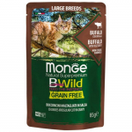 Monge BWILD Cat Pouches teraviljavaba m&auml;rgtoit suurt t&otilde;ugu kassidele p&uuml;hvliliha ja juurviljadega, 85 g
