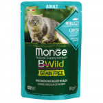 Monge BWILD Cat Pouches teraviljavaba m&auml;rgtoit kassidele tursa, krevettide ja k&ouml;&ouml;giviljadega, 85 g