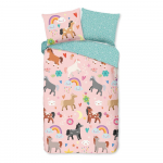 Roosa-t&uuml;rkiissinine puuvillane laste pikendatud voodipesu &uuml;heinimesevoodile 140x220 cm Horses - Good Morning