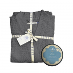 KlipShop Linen Tales Dark Grey Linen & Cotton Honeycomb Waffle Bathrobe + MKS eco Skin Butter, L-XL