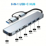 Riff VSZAPOWER 8-in-1 Universal Aluminum 8-Port USB Type C Hub - Includes USB 3.0, 3 USB 2.0 Ports, Micro SD/TF Card Reader, Audio/Mic Jack Silver