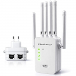 Qoltec WiFi Signal Booster | Repeater | Access Point | AX300 | 6 antennas | 2x RJ45