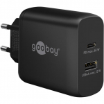 goobay USB-C dual quick charger, PD, GaN, 65 watts (black, 1x USB-C, 1x USB-A, Power Delivery)