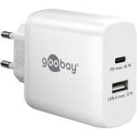 goobay USB-C dual fast charger, PD, GaN, 65 watts (white, 1x USB-C, 1x USB-A, Power Delivery)