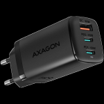 Axagon GaN wallcharger <240V / 3x port (USB + dual USB-C), PD3.0/QC4+/PPS/Apple. 65W total power.
