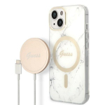 Guess Set GUBPP14MHMEACSH Case+Charger for iPhone 14 Plus / 15 Plus 6.7" / white hard case Marble