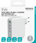 USB-C wall charger DELTACO 1x USB-A, 3x USB-C, total 130 W, white / USBC-GAN04