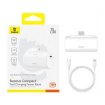 Baseus kompaktne v&otilde;imsuspank kiire laadimisega Type-C sisend + Lightning v&auml;ljund (C+C kaabliga) PD20W, 5000 mAh, White (P10068307213-00)