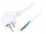 Cable | CEE 7/7 (E/F) plug angled,wires | 5m | white | PVC | 3x1,5mm2