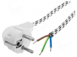 Cable | CEE 7/7 (E/F) plug angled,wires | 2m | white | textile braid