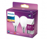 PHILIPS LED stikla 40W P45 E14 Silti balta 2700K matēta 2 gab spuldze 8718699777715 929001345567
