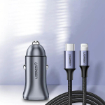 UGREEN CD130 auto lādētājs | 30W | PD, QC | USB-A, USB-C | pelēks