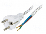 Cable | CEE 7/7 (E/F) plug,wires | 3m | white | textile braid | 6A