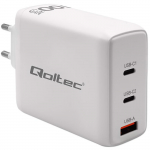 Qoltec GaN 100W charger| 5-20V | 1.5-5A | 2 x USB-C PD | 1x USB QC 3.0 | White