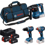 Bosch Powertools 18V professional set hammer drill GBH 18V-22 + drill driver GSR 18V-65 + impact wrench GDX 18V-285 (blue/black, 3x Li-ion battery 5.0 Ah, tool bag)
