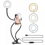 Selfie stick Elight TF Desk Clip Live Stream Selfie 11cm Ring LED Light Flash flexi 30cm tube Phone Holder Black