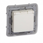 2P+E German std socket outlet Niloe -with shut. -IP44 + flap -auto. term. -ivory