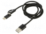 Cable | USB 2.0 | USB A plug,USB B micro plug,USB C plug | 1m | 2.1A