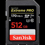 SANDISK Extreme 512GB SDXC Memory Card + 1 year RescuePRO Deluxe up to 180MB/s & 130MB/s Read/Write speeds, UHS-I, Class 10, U3, V30