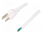Cable | 3x16AWG | NEMA 5-15 (B) plug,wires | PVC | 1.8m | white | 13A