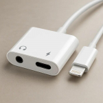 Riff J-009 Dual Lightning Audio Adapter to 3.5mm Headset Plug + Lightning Charger Plug White