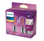 PHILIPS LED stikla 40W P45 E27 Silti balta 2700K caurspīdīga 2 gab spuldze 8718699763893 929001890557