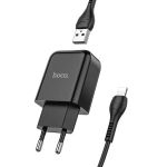 HOCO N2 tīkla lādētājs | 10W | USB-A, Lightning | ar USB-A uz Lightning vadu komplektā | melns