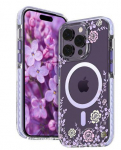 Back panel cover Kingxbar Apple iPhone 14 Pro MagSafe decorated with peony flowers print Flora Series magnetic Purple