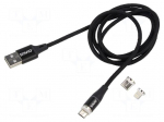 Cable | magnetic,USB 2.0 | 1m | black | 480Mbps | textile | 3A