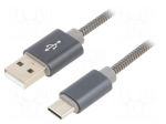 Cable | USB 2.0 | USB A plug,USB C plug | 2m | grey | 480Mbps | textile