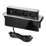 Uued tooted // Gniazdo meblowe wysuwane z blatu z płaskim frezowanym rantem, ładowarką USB i przewodem 2m,  3 gniazda typ E, 2 x USB (2,4A), 3x1,5mm?, czarno-srebrne, INOX