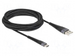 Cable | USB 2.0 | USB A plug,USB C plug | 3m | black | 22AWG,30AWG