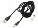 Cable | magnetic,USB 2.0 | 2m | black | 480Mbps | textile | 3A