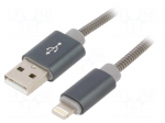 Cable | USB 2.0 | Apple Lightning plug,USB A plug | 2m | grey | metal
