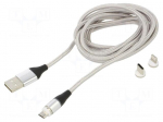 Cable | magnetic,USB 2.0 | 2m | grey | 480Mbps | textile | 3A
