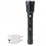 PNI Adventure F420 aluminum flashlight package with LED 10W, 1000lm, up to 420m, with 2 batteries included, 8000 mAh type 26650 and PNI CHG300 power supply with USB C port, QC3.0, PD3.0, PPS and USB-A