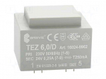 Transformer: encapsulated | 6VA | 230VAC | 24V | 250mA | Mounting: PCB