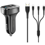 Usams U32 auto lādētājs | 10.5W | USB-A, Micro USB, USB-C, Lightning | ar USB-A uz Micro USB, USB-C, Lightning vadu komplektā | melns