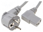 Cable | CEE 7/7 (E/F) plug angled,IEC C13 female 90&deg; | 3m | grey