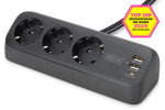 Digitus 3-way office socket strip with 2x USB-A and 1x USB-C connections, black