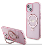 Back panel cover Guess Apple iPhone 15 IML Ring Stand Glitter MagSafe Case Pink