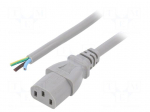 Cable | 3x1mm2 | IEC C13 female,wires | PVC | 1m | grey | 10A | 250V