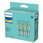 PHILIPS LED stikla 40W B35 E14 Silti balta 2700K caurspīdīga 3 gab spuldze 8718699777791 929001889733